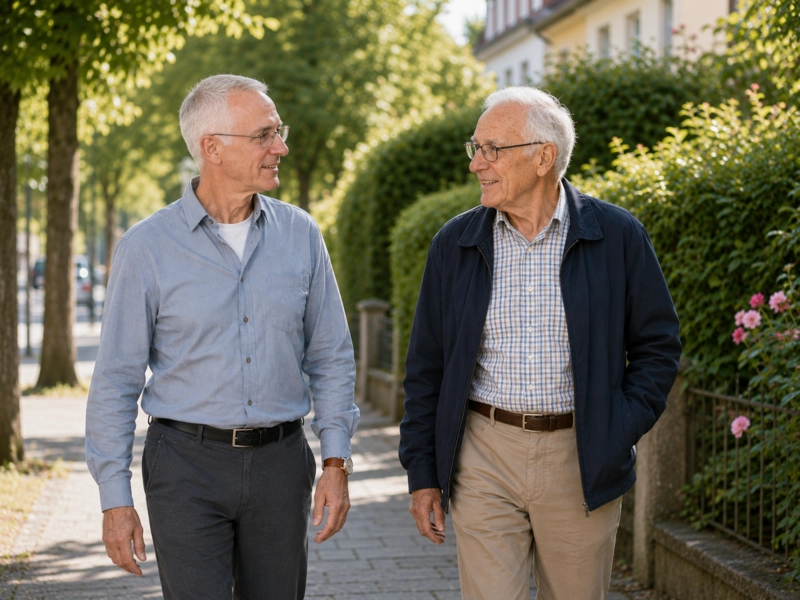 Alltagsbegleiter geht mit einem älteren Mann gemeinsam spazieren